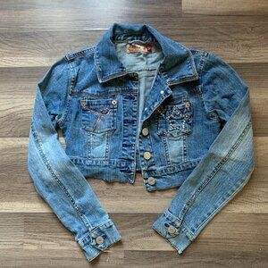 Vintage Casual Joy Jeans Denim Cropped Jean Jacket Size Small Embellished